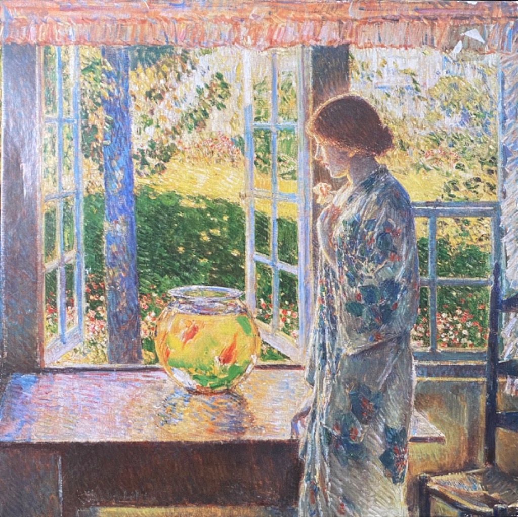 An impressionist painting of a woman standing by a window next to a goldfish bowl.