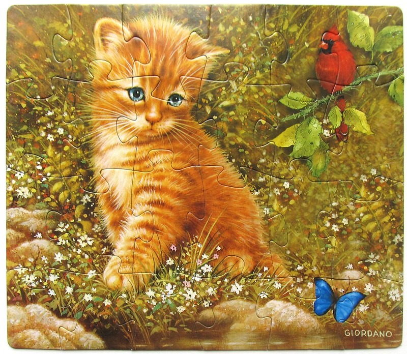 A fluffy orange tabby kitten sitting in a sun-drenched garden with a red cardinal and a blue butterfly.