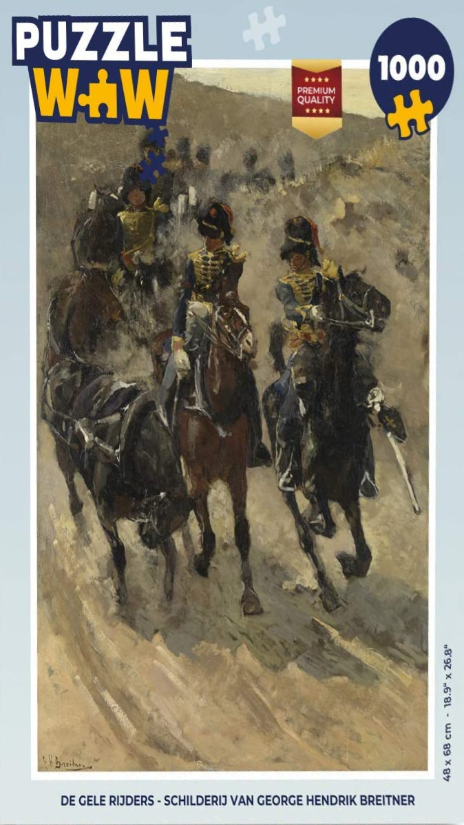 An oil painting of Dutch Hussars on horseback riding through a dusty, muted landscape.