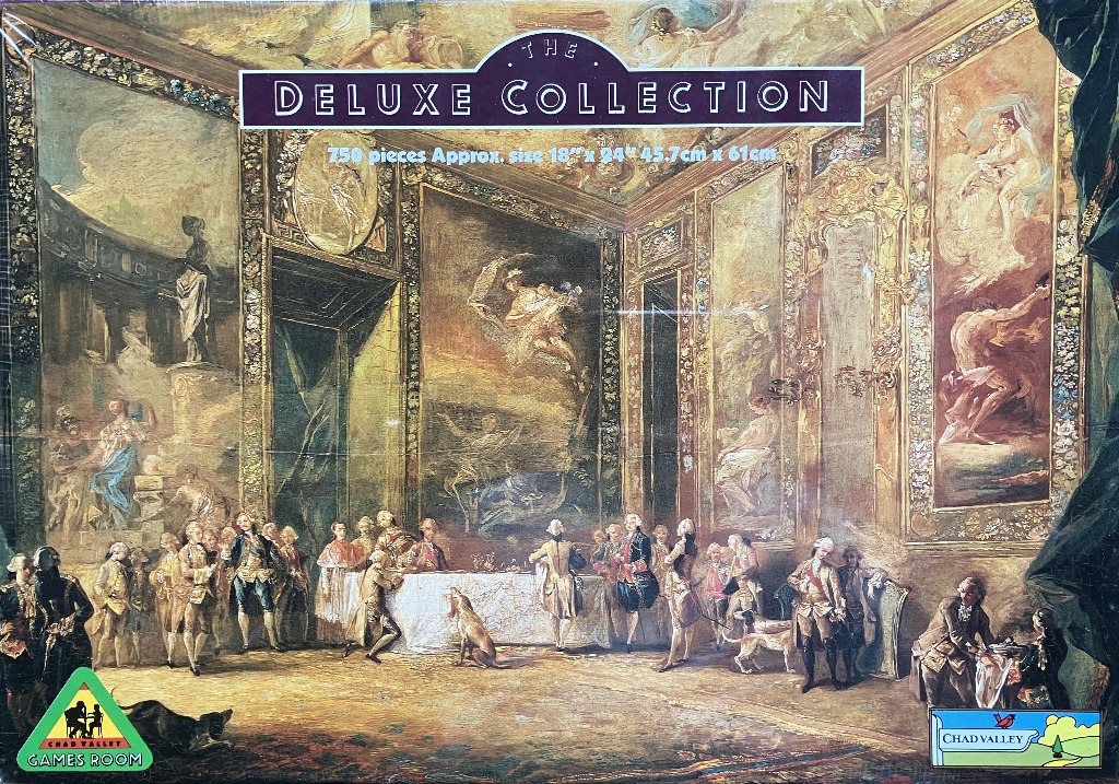 18th-century rococo-style oil painting of a formal aristocratic gathering in a lavishly decorated hall.