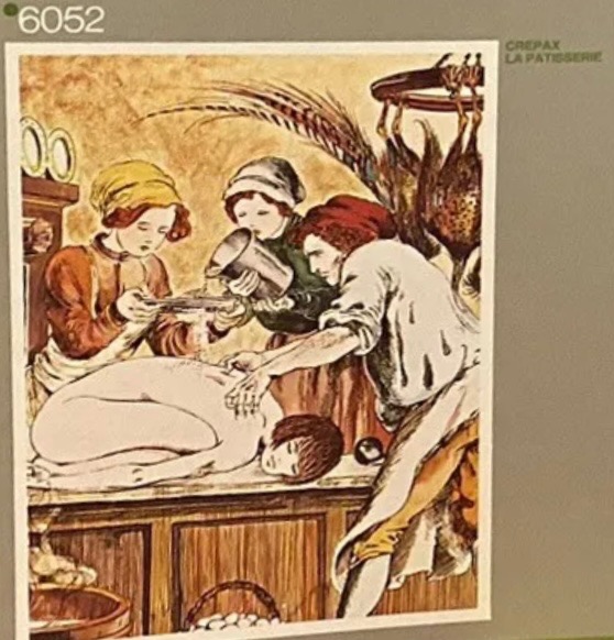An illustration of three people in a rustic kitchen preparing a human figure on a table.