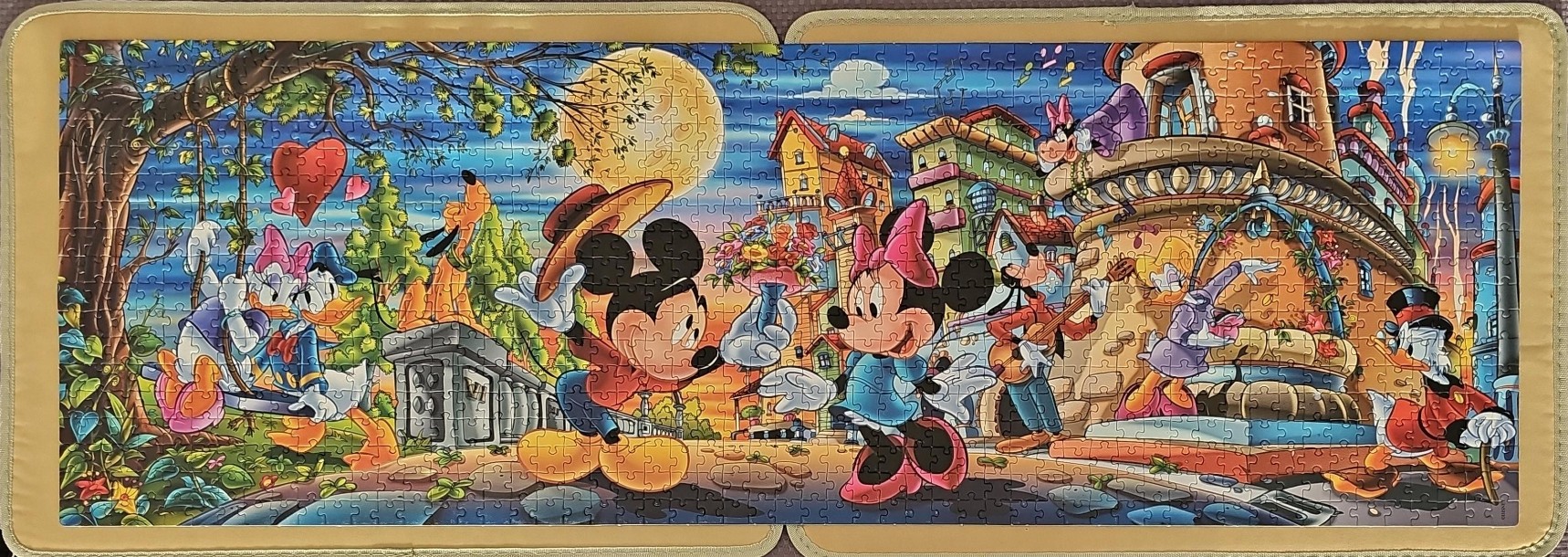 Cartoon scene of Mickey Mouse gifting flowers to Minnie in a whimsical European town square at twilight.