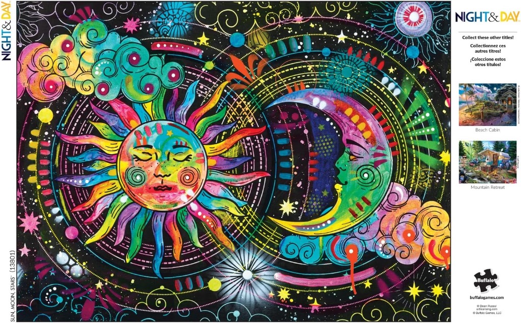 Vibrant, stylized illustration of a sun and crescent moon overlapping on a dark starry background.
