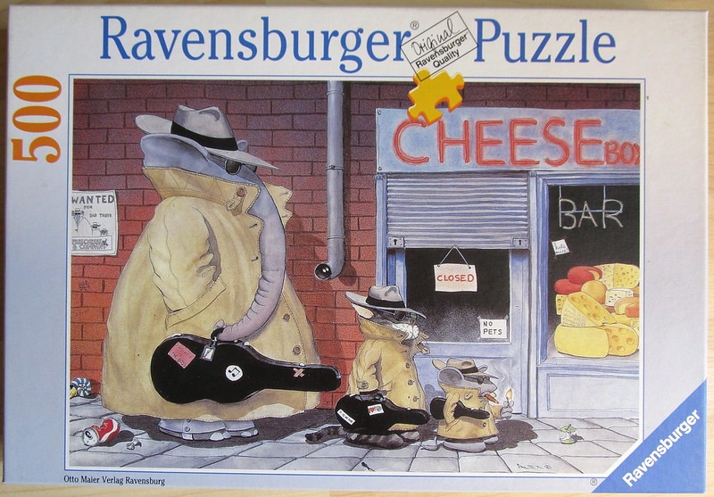 Cartoon illustration of an elephant, a cat, and a mouse dressed as detectives standing outside a closed cheese bar.