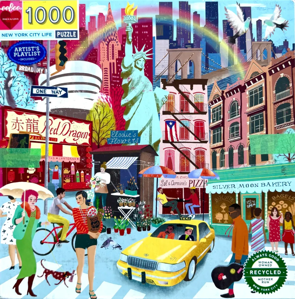 Illustration of a vibrant New York City street scene with landmarks and people.
