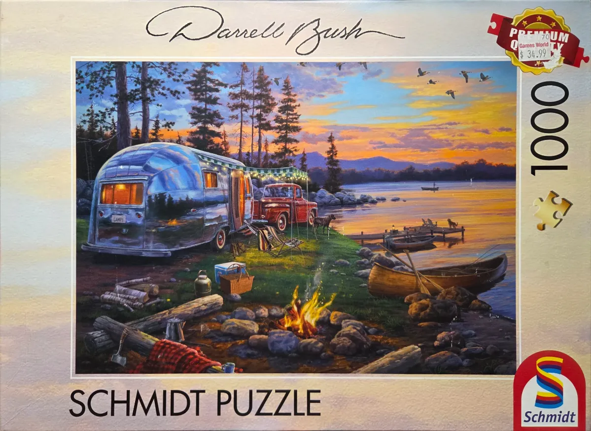 A nostalgic painting of a silver travel trailer and red pickup truck parked by a lake at sunset.