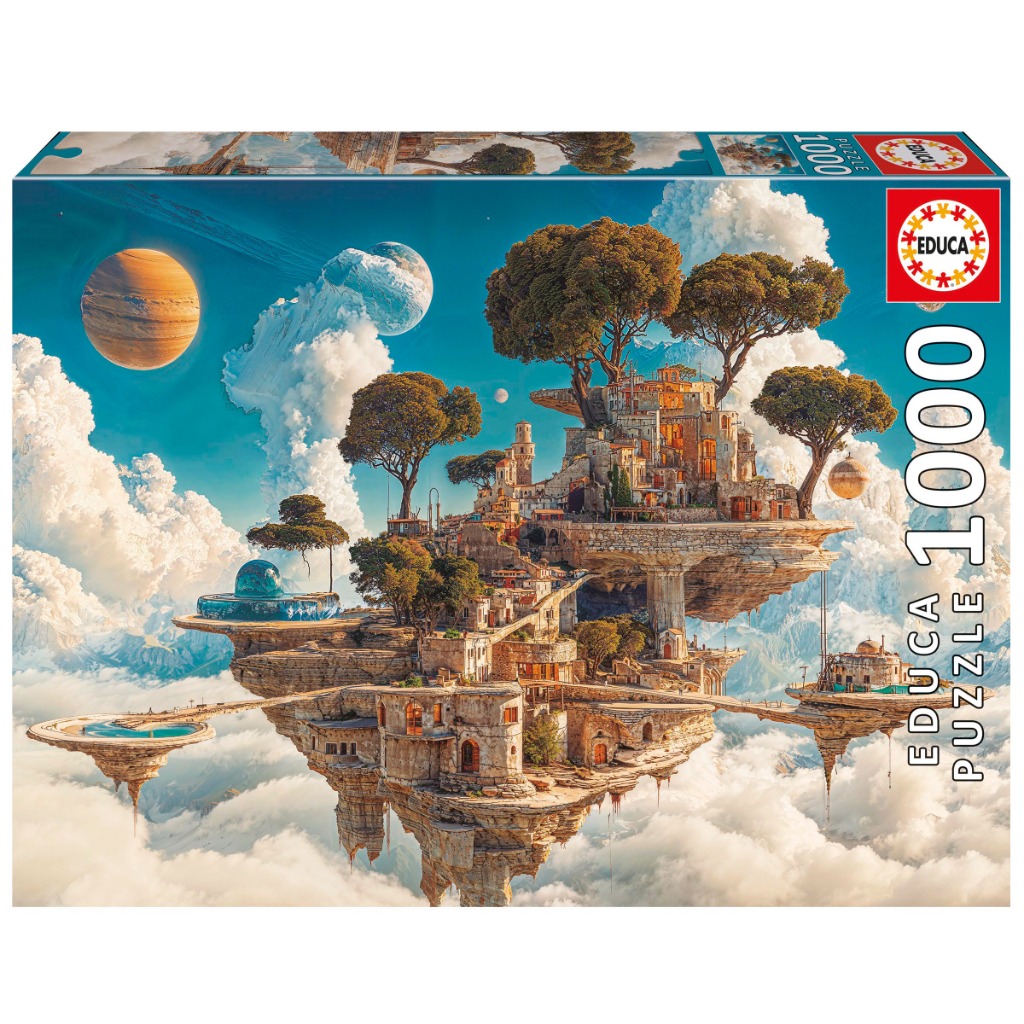 A surreal fantasy landscape of a multi-tiered stone city floating amongst clouds with giant planets in the sky.