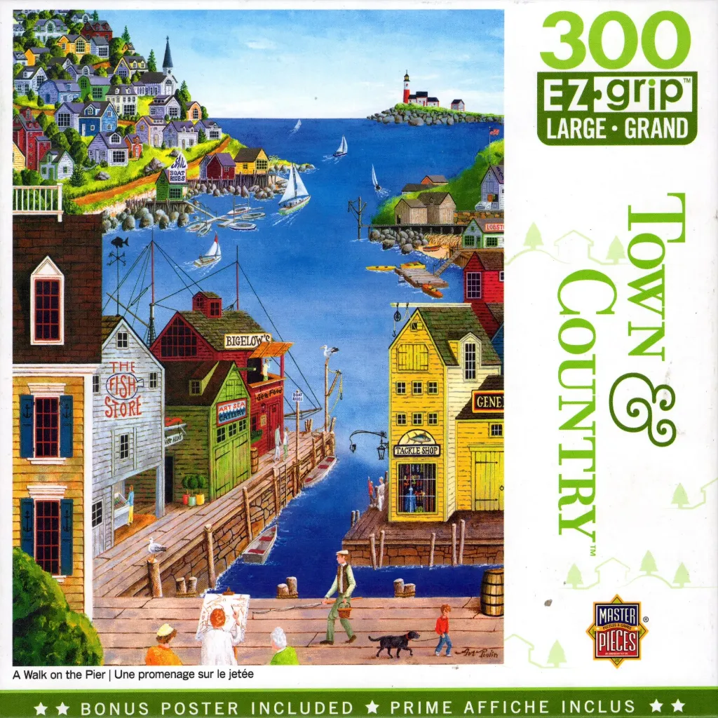 A sunny seaside town with colorful buildings lining a pier and a blue harbor.
