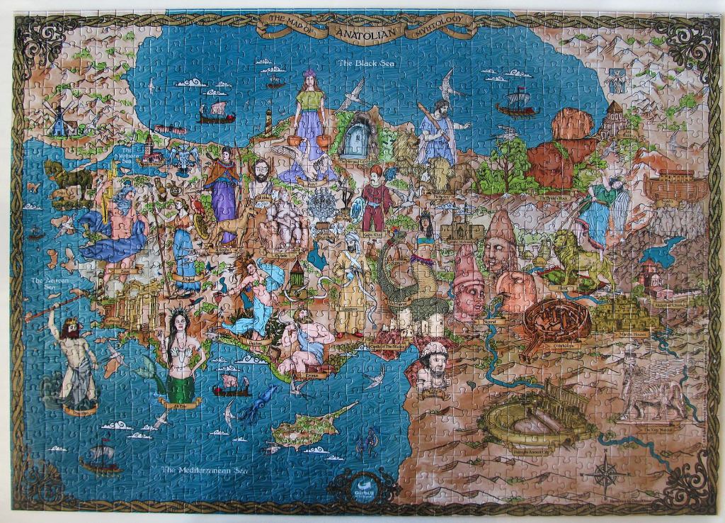 An illustrated map of Anatolian mythology featuring gods, creatures, and landmarks across a land and sea landscape.