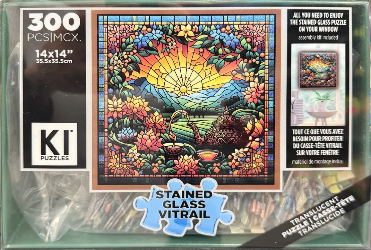 Stained glass style illustration of a sun rising over rolling hills with a steaming teapot and lotus flowers in the foregroun