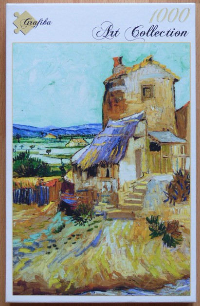 An impressionist painting of a rustic farmhouse with a tower, set against a pale blue sky and rolling landscape.