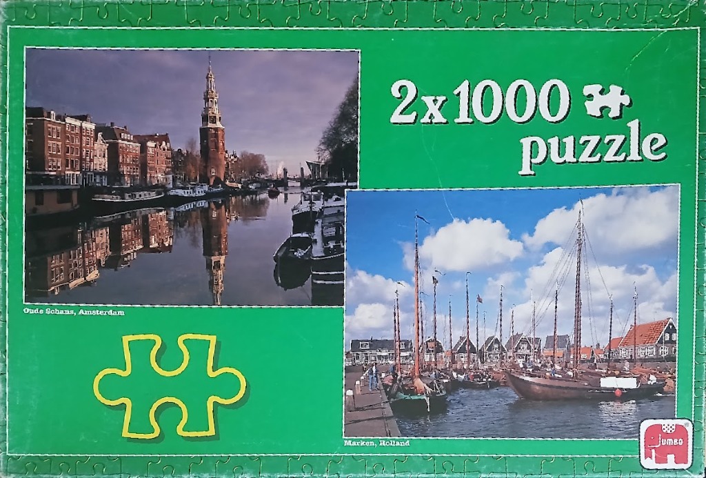 Two photographic scenes of Dutch landscapes featuring a canal in Amsterdam and traditional sailboats in Marken.