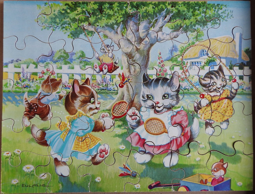A vintage illustration of anthropomorphic kittens playing in a garden.