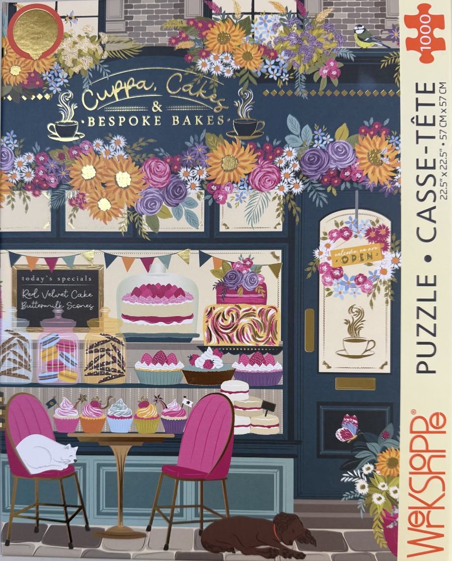 A charming illustration of a bakery storefront called Cuppa Cakes & Bespoke Bakes with floral decorations.