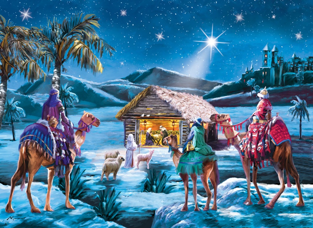 A night-time nativity scene featuring three wise men on camels approaching a stable under a bright star.