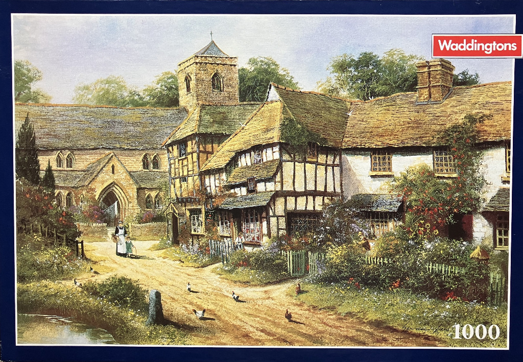 An oil painting of a traditional English village street with stone and timber-framed cottages and a stone church.