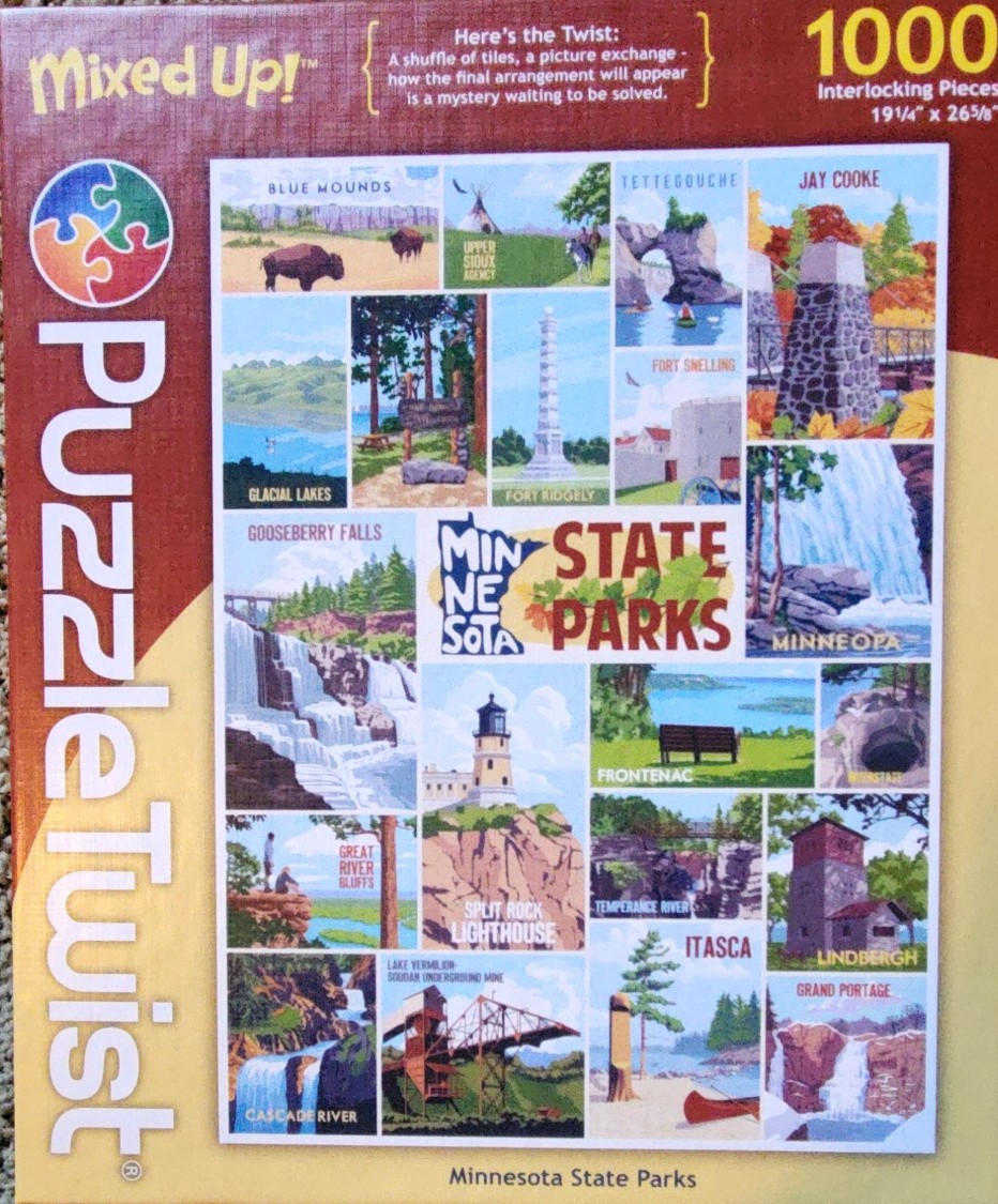 A collage of 18 illustrated scenes featuring various Minnesota State Parks.