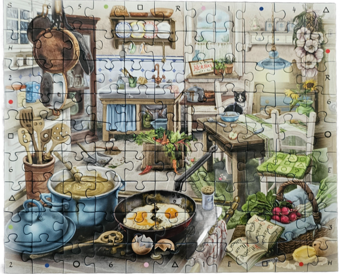 Cozy kitchen scene with cooking ingredients, a cat, and rustic copper pots.