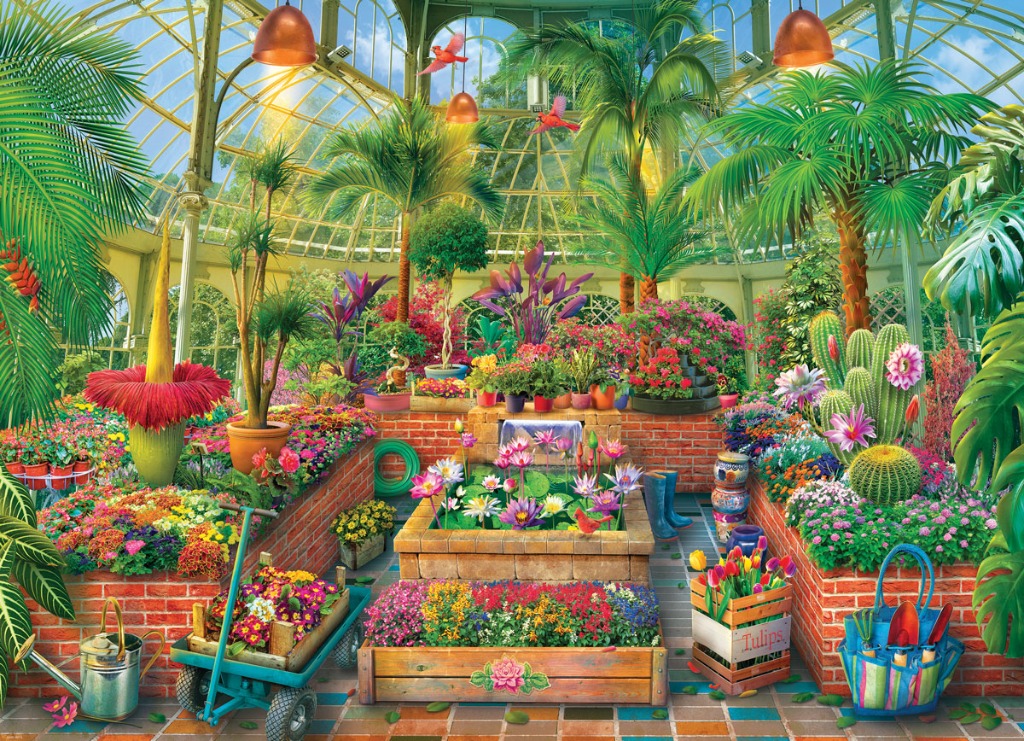 A lush indoor greenhouse filled with diverse flowering plants, cacti, and a tiered central fountain.