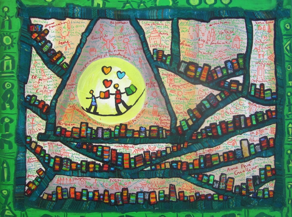 Stylized illustration of people in a glowing circle surrounded by shelves of books and handwritten French text.