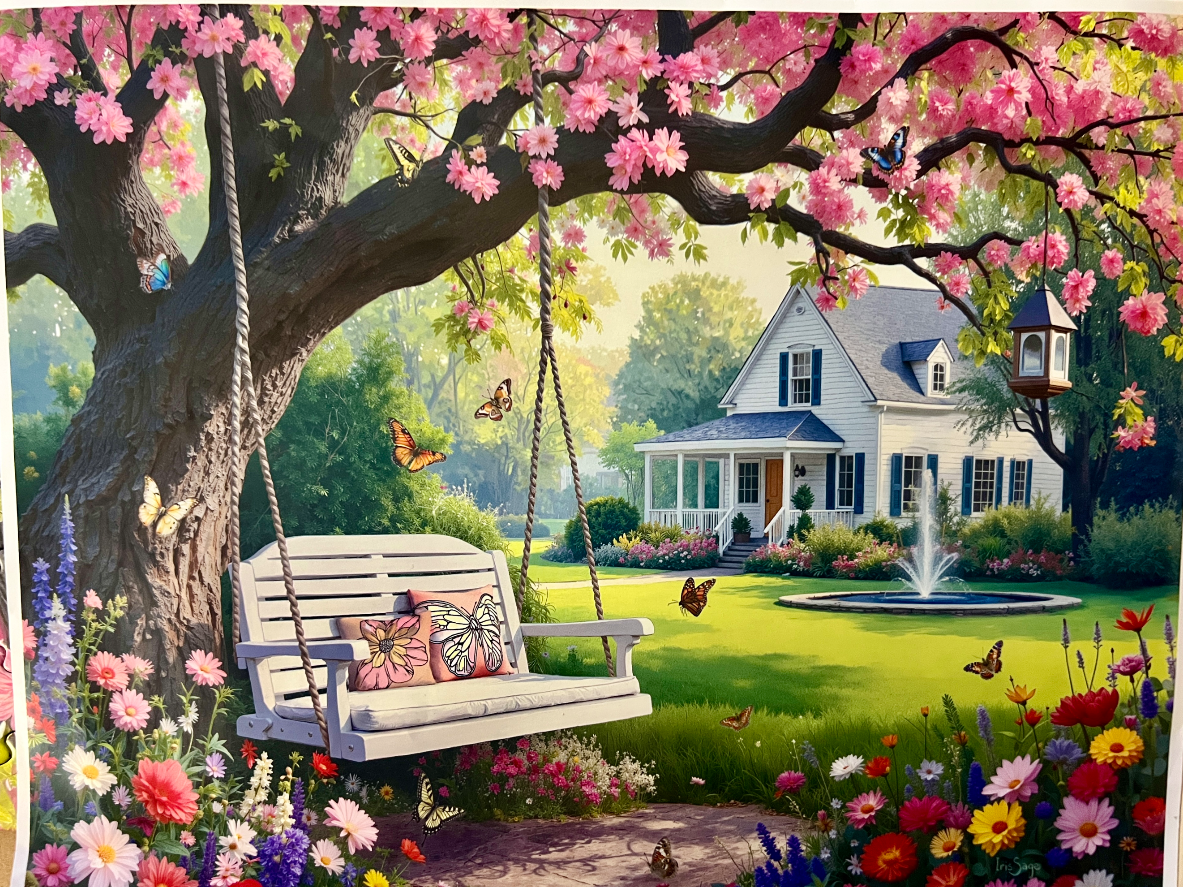 A white porch swing hangs under a blooming cherry blossom tree in a sunny garden with a house and fountain.