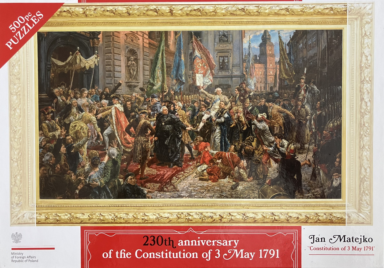 Oil painting depicting the 1791 Polish Constitution, showing a bustling crowd celebrating in a city square.