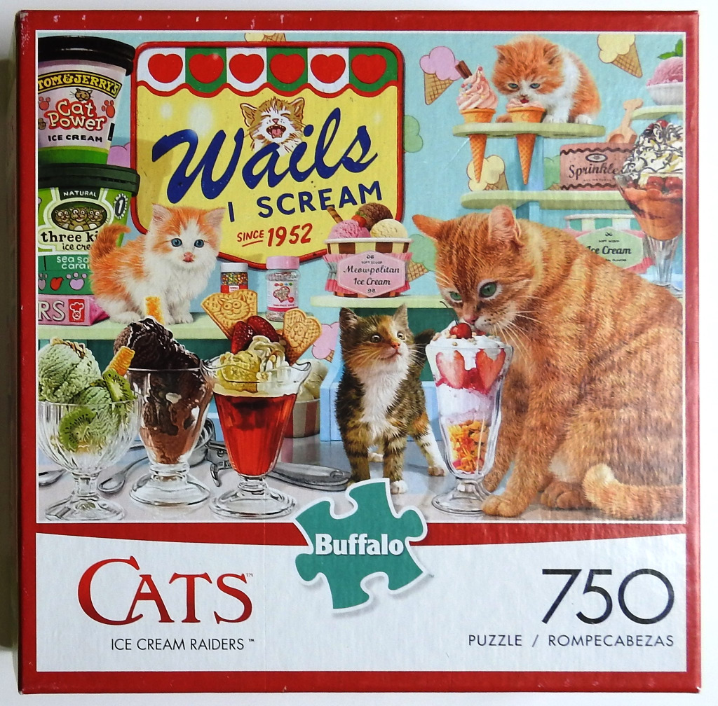A whimsical illustration of several cats interacting with various ice cream sundaes and containers.
