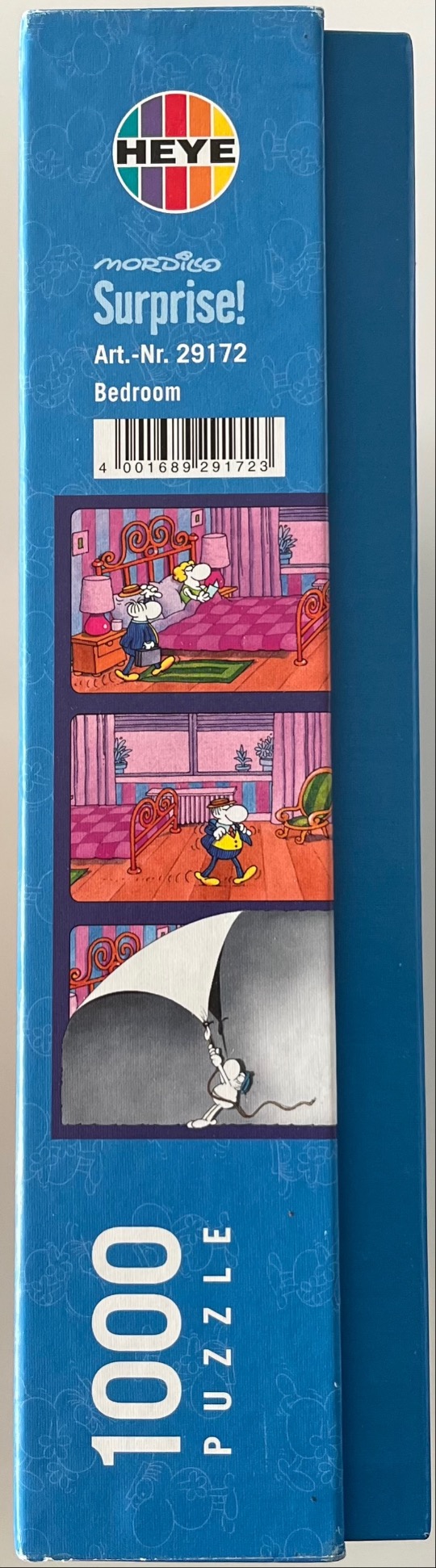 Three sequential cartoon panels depicting a character in a bedroom revealing a secret hiding spot.