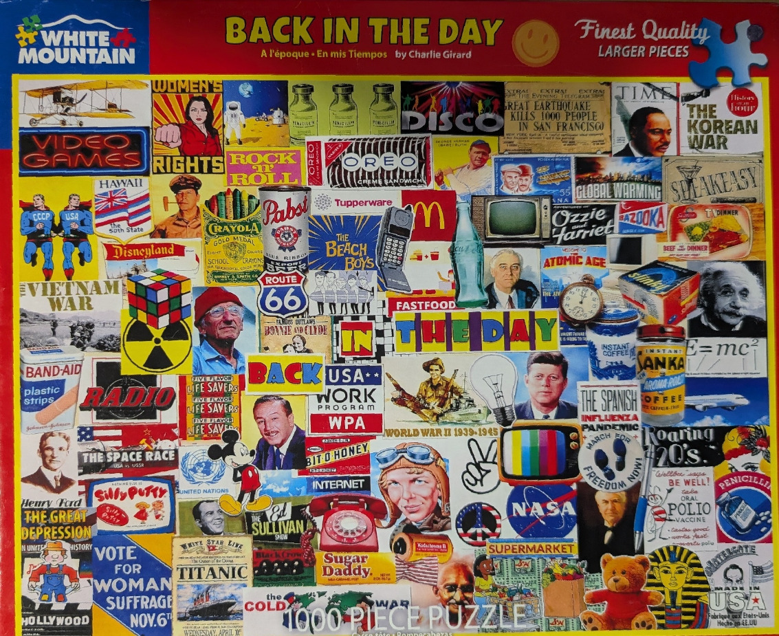 A collage of 20th-century American historical figures, pop culture icons, and commercial products.