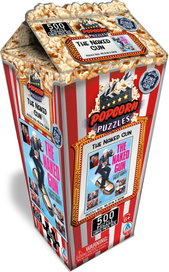 The Naked Gun movie poster design featuring Leslie Nielsen riding a giant bullet on a striped popcorn container background.