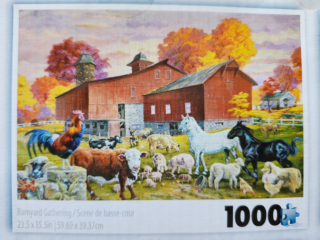 A peaceful farm scene with a large red barn, a rooster, cows, horses, and various other animals in a colorful autumn field.