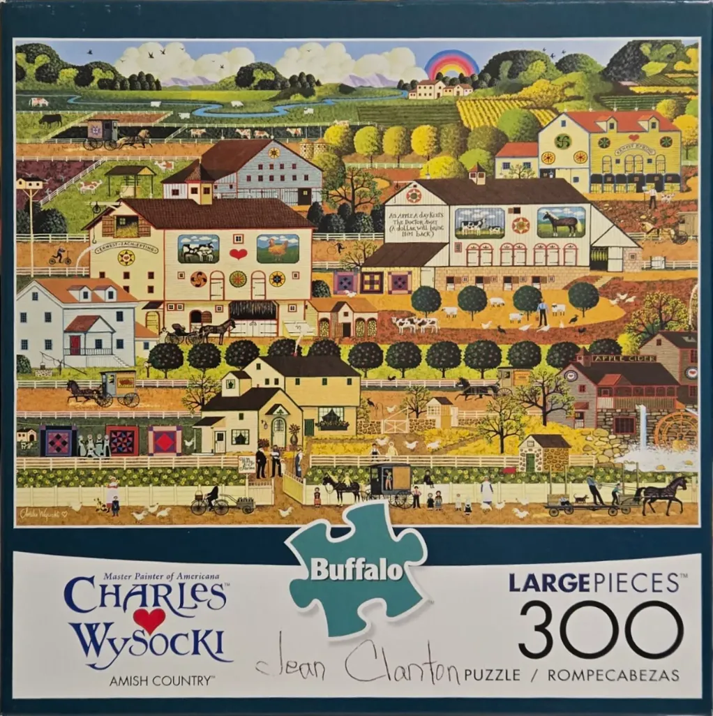 Folk art painting of a bustling Amish farmstead with barns, quilts, and rolling fields under a rainbow.