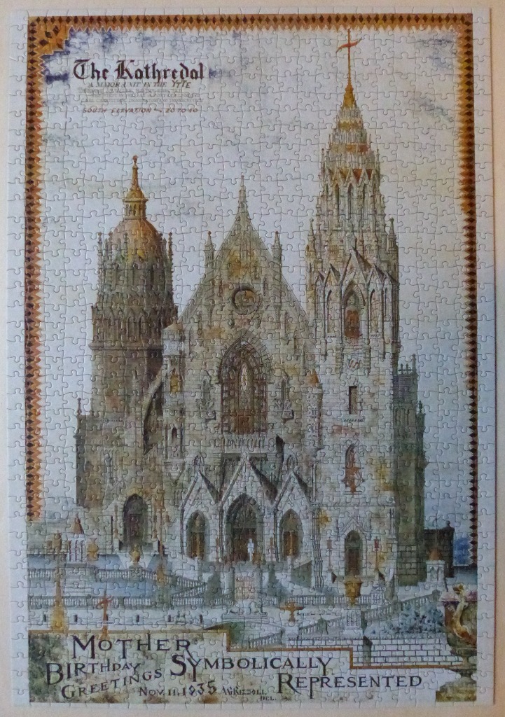 Architectural rendering of The Kothredal with Gothic spires and ornate details in a vintage illustrative style.