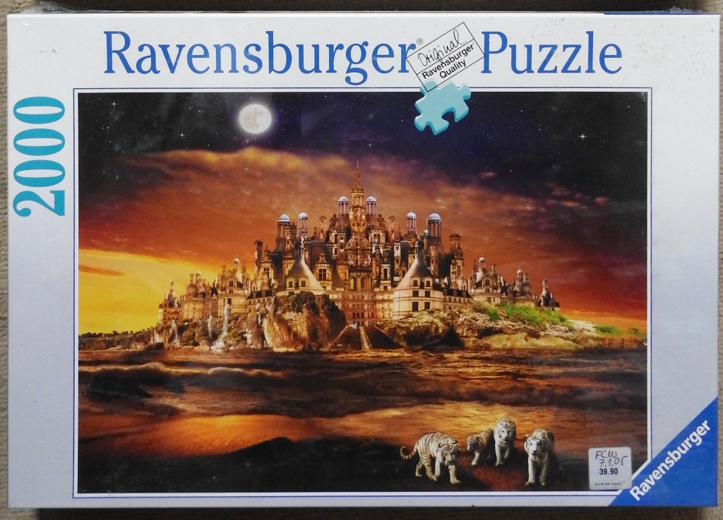 Fantasy illustration of a majestic castle at sunset with three white tigers in the foreground.