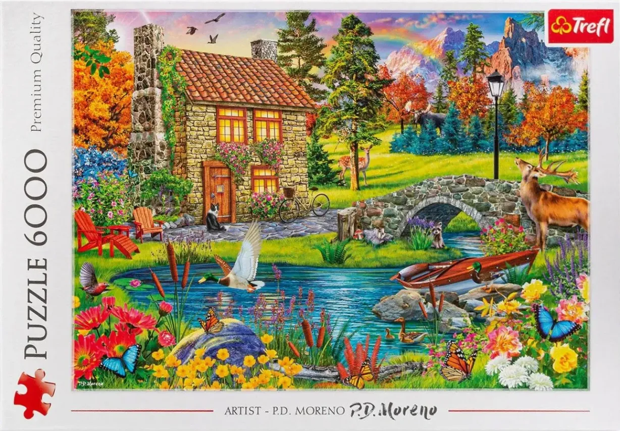 A scenic, vibrant illustration of a stone cottage by a pond, filled with wildlife and autumn foliage.
