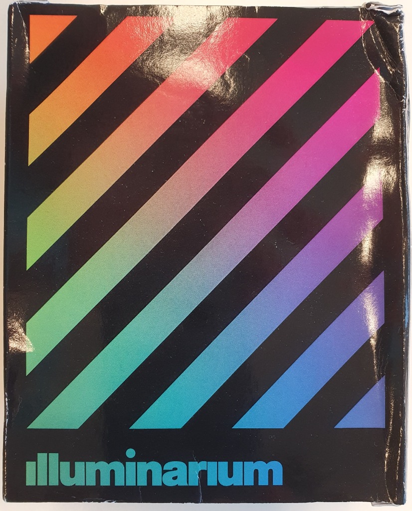 A black rectangular graphic featuring a diagonal rainbow spectrum of parallel stripes and the word 'illuminarium' below.