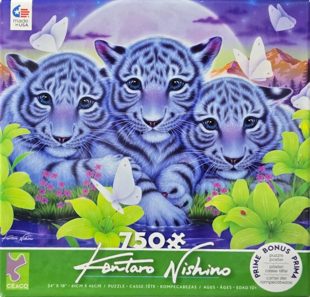 Illustration of three young white tiger cubs in a fantasy landscape with butterflies and lilies.