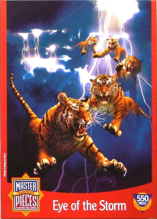 Four tigers leaping through a dark, lightning-filled storm sky in a dynamic illustration.
