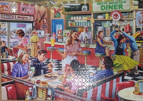 A bustling 1950s-style diner scene featuring a waitress, patrons, and a checkered floor.