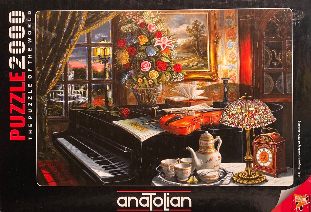 An oil painting of a grand piano in a sunlit room filled with flowers, a violin, and a tea set.