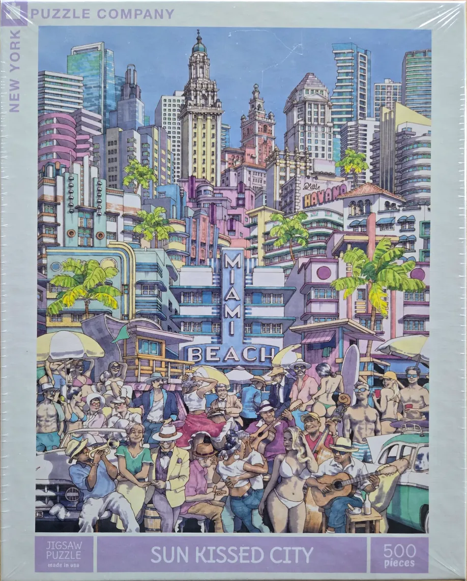 An illustration of a bustling Miami Beach scene with retro art deco buildings, palm trees, and people celebrating.
