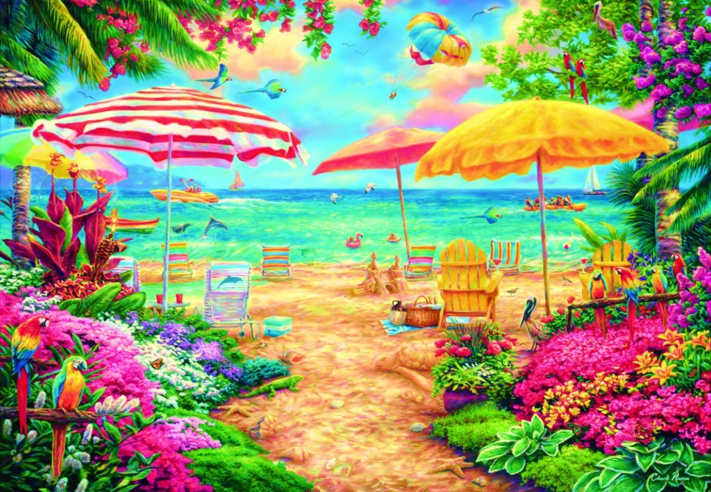 Tropical beach scene with colorful umbrellas, bright flowers, and exotic birds