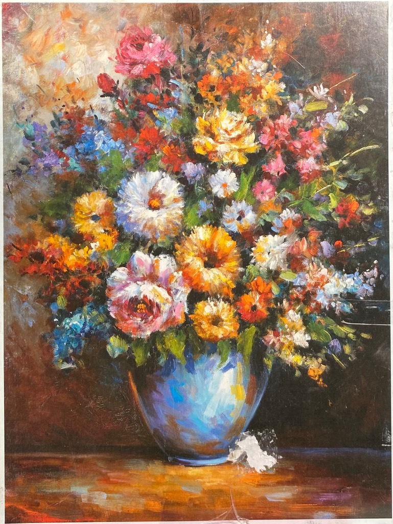 Oil painting of a vibrant, multi-colored bouquet of flowers in a blue vase against a dark, moody background.