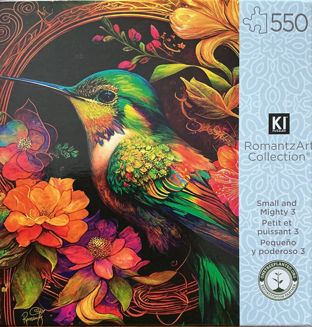 A vibrant, painterly illustration of a hummingbird surrounded by colorful flowers against a black background.