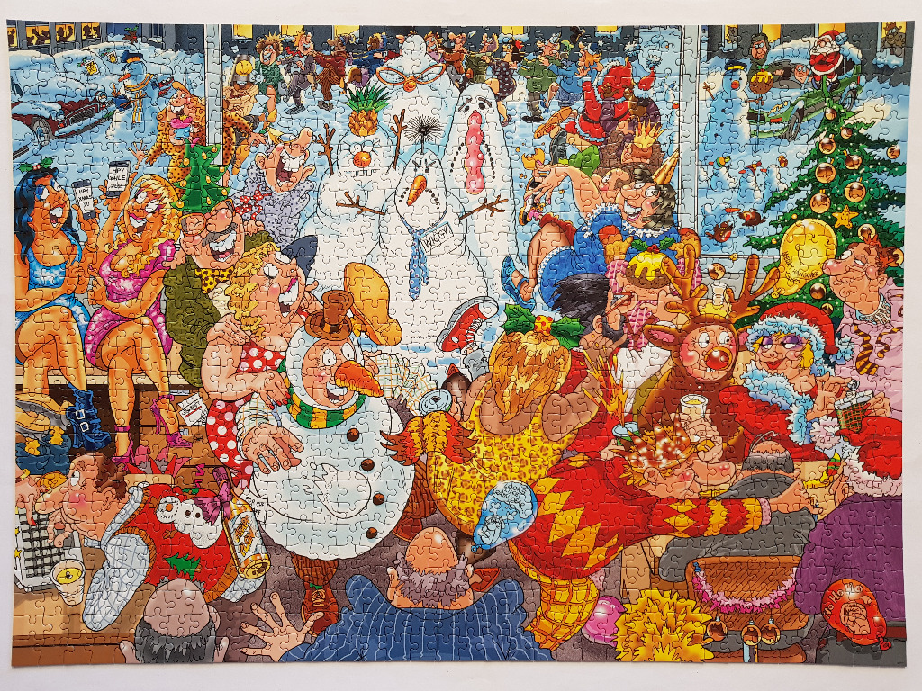 Whimsical Christmas scene with caricatures, snowmen, Santa, and a reindeer.