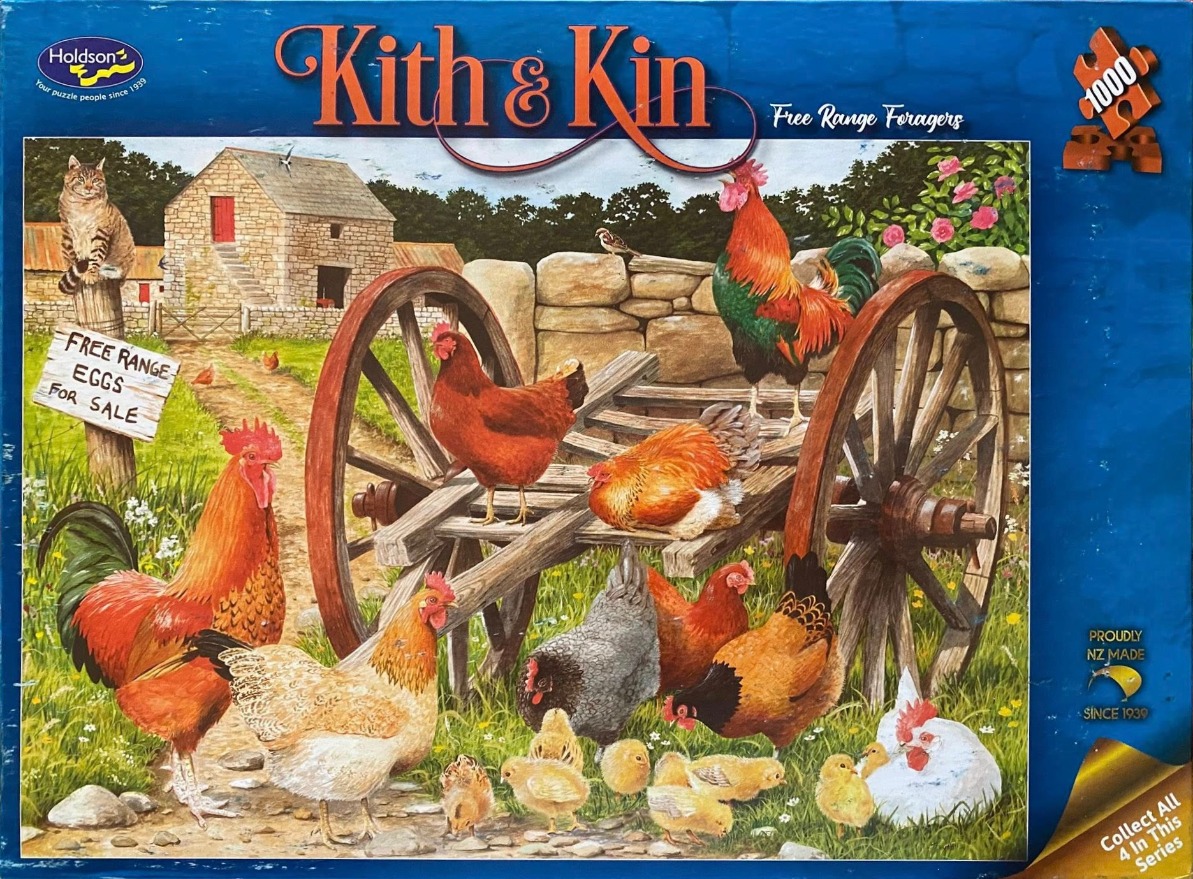 A rural farmyard scene featuring chickens, a rooster, and a tabby cat on a wooden cart.