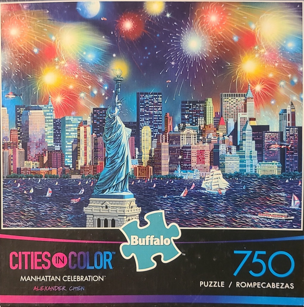 The Statue of Liberty stands before a vibrant New York City skyline illuminated by fireworks over the harbor at night.