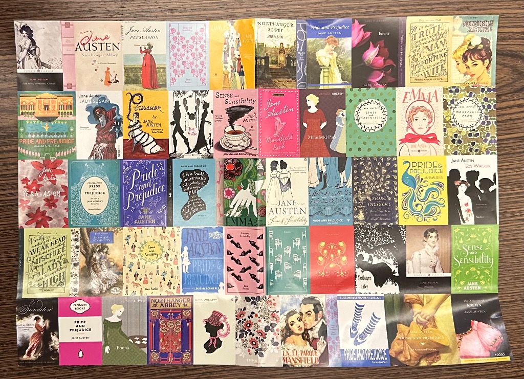 A collage of various vintage and contemporary book covers of works by Jane Austen.
