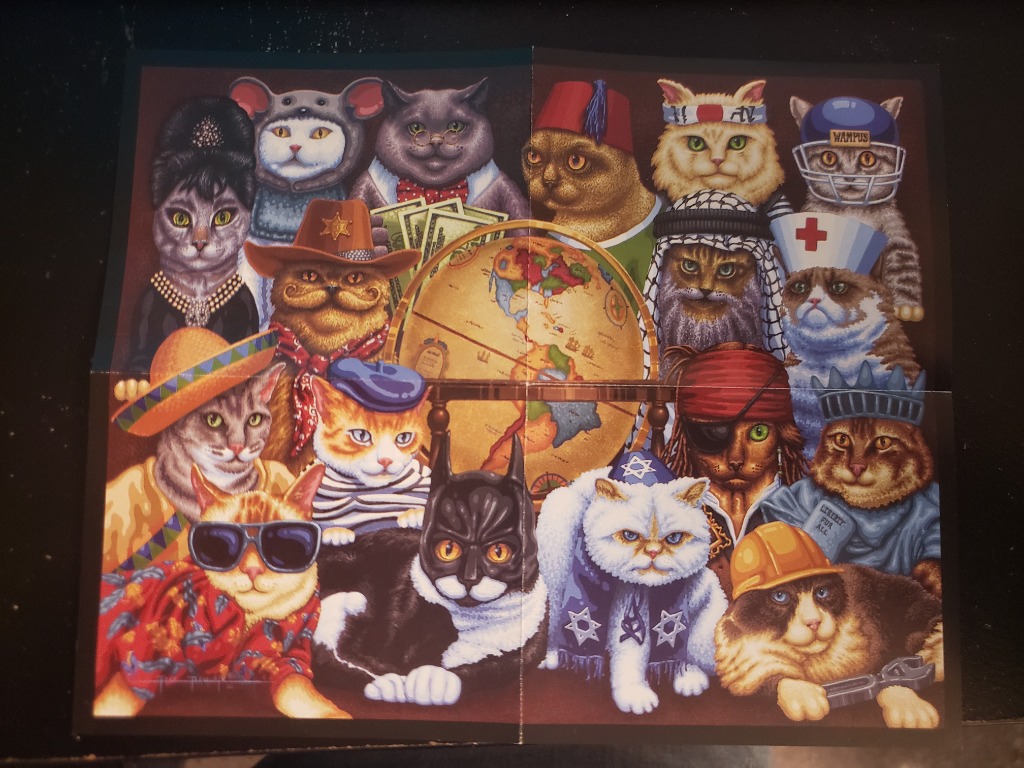 A group of cats dressed in various cultural and professional costumes gathered around a globe.