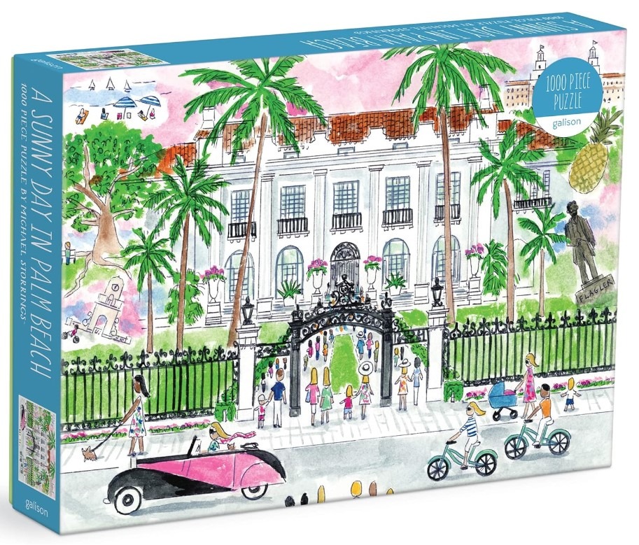 A watercolor illustration of a white mansion with palm trees, a black iron gate, and people enjoying a sunny day.